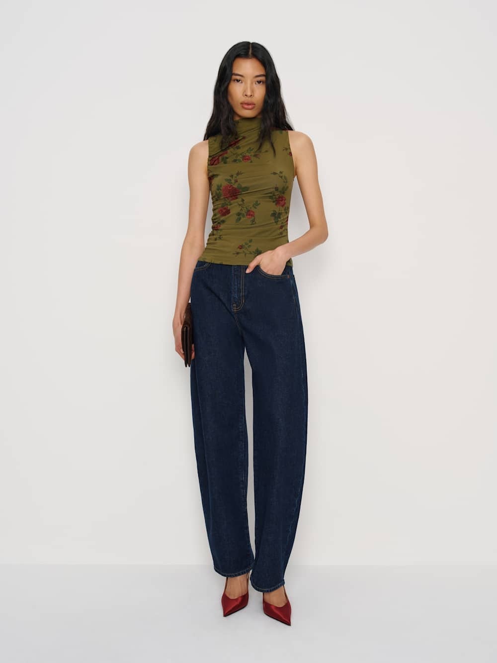 Reformation Olive Green Floral Mock-Neck Tank - Picture 2 of 12